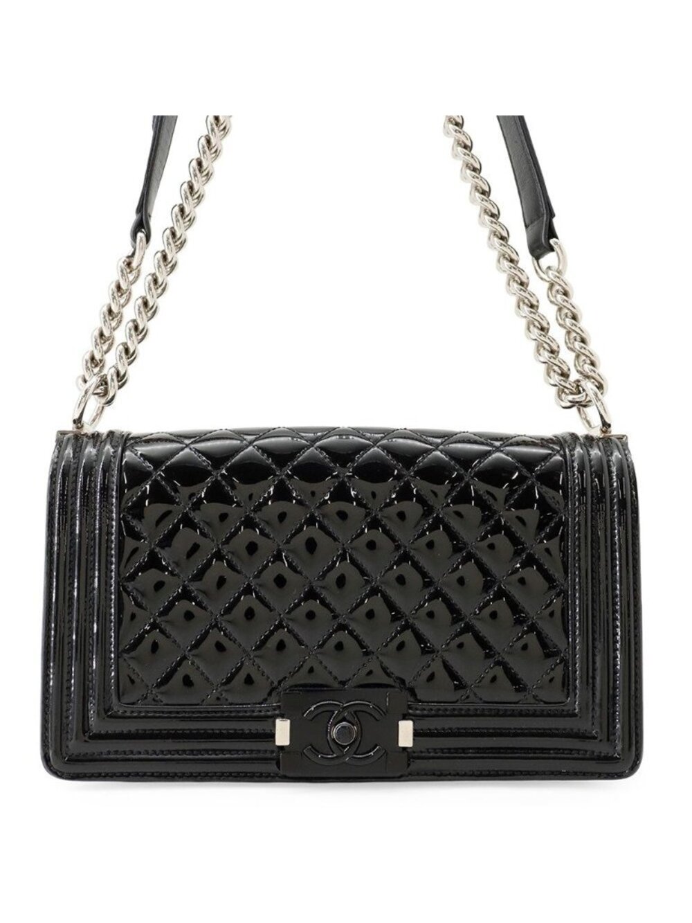 Chanel Chain Shoulder Bag CC Logo Quilted Boy Patent Black